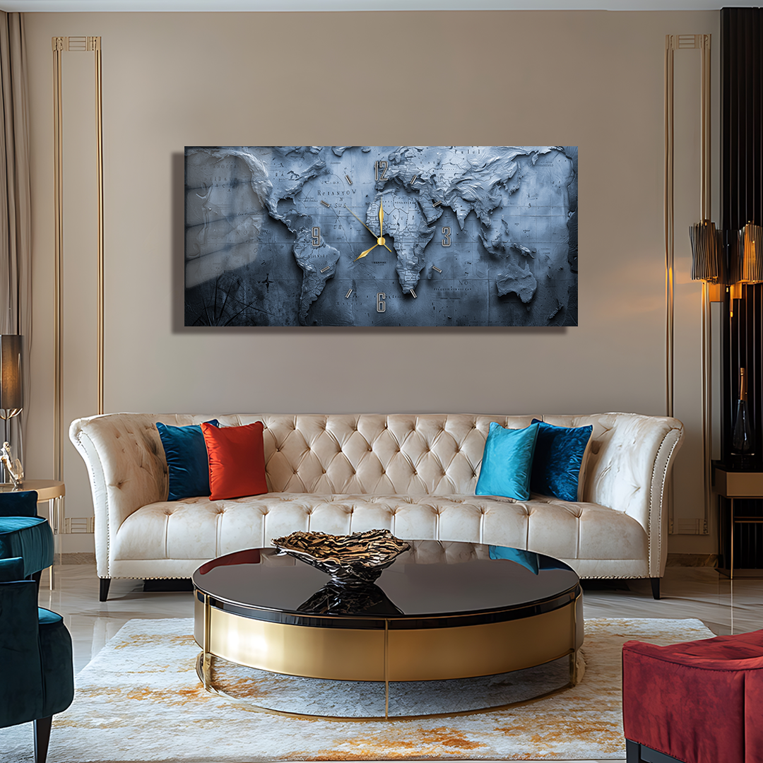 110X50 CM GÖRSEL AMAÇLI HARİTA TEMALI SAATLİ CAM TABLOLAR