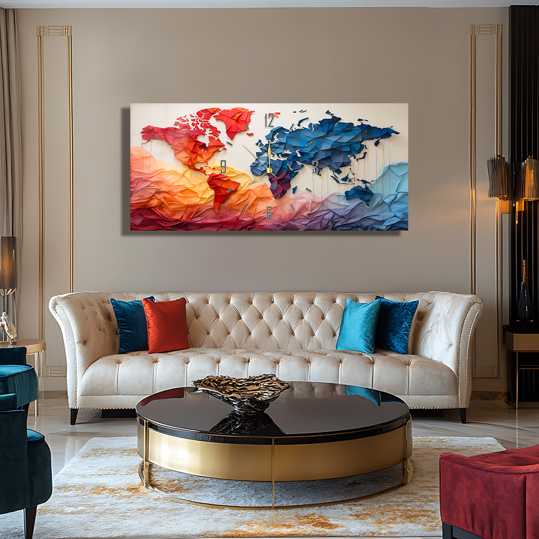 110X50 CM GÖRSEL AMAÇLI HARİTA TEMALI SAATLİ CAM TABLOLAR