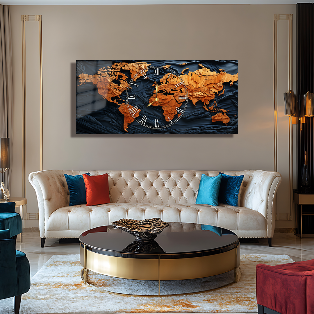 110X50 CM GÖRSEL AMAÇLI HARİTA TEMALI SAATLİ CAM TABLOLAR