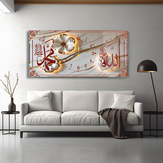 ALLAH (C.C) MUHAMMET (S.A.V) YAZILI SAATLİ CAM TABLO (Kopya) (Kopya)