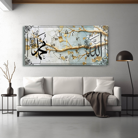 ALLAH (C.C) MUHAMMET (S.A.V) YAZILI SAATLİ CAM TABLO (Kopya) (Kopya) (Kopya)