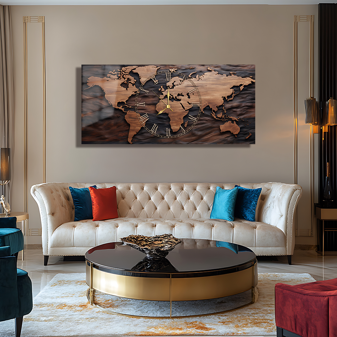 110X50 CM GÖRSEL AMAÇLI HARİTA TEMALI SAATLİ CAM TABLOLAR