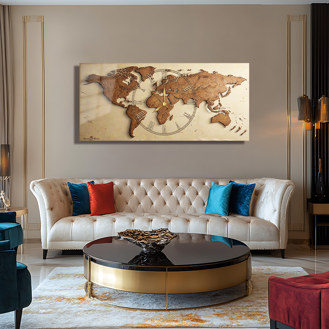 110X50 CM GÖRSEL AMAÇLI HARİTA TEMALI SAATLİ CAM TABLOLAR