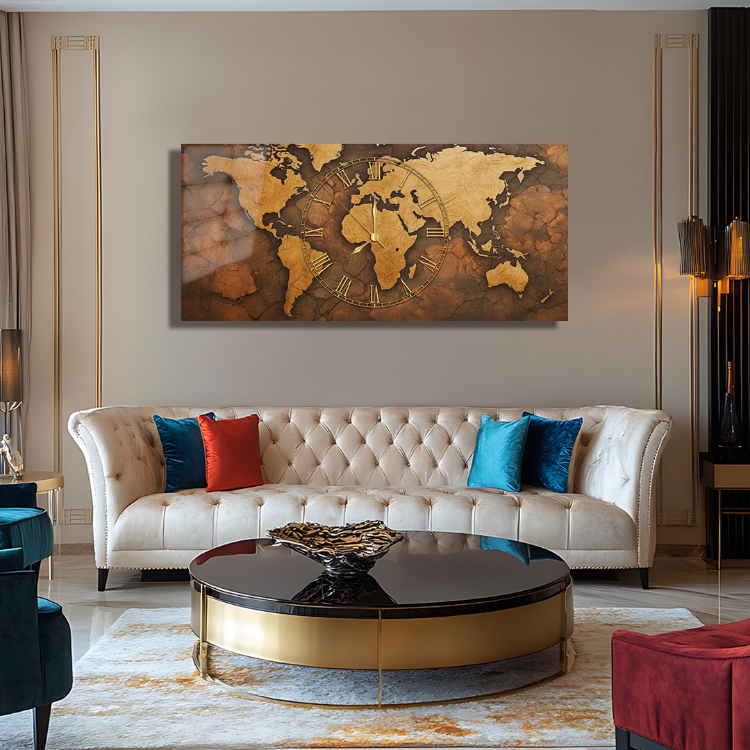 110X50 CM GÖRSEL AMAÇLI HARİTA TEMALI SAATLİ CAM TABLOLAR