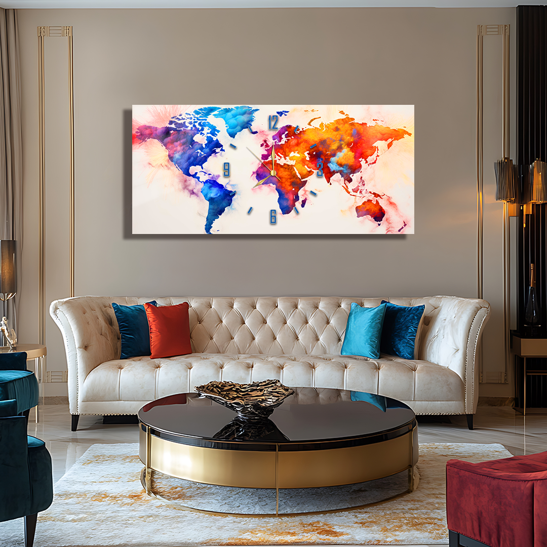 110X50 CM GÖRSEL AMAÇLI HARİTA TEMALI SAATLİ CAM TABLOLAR
