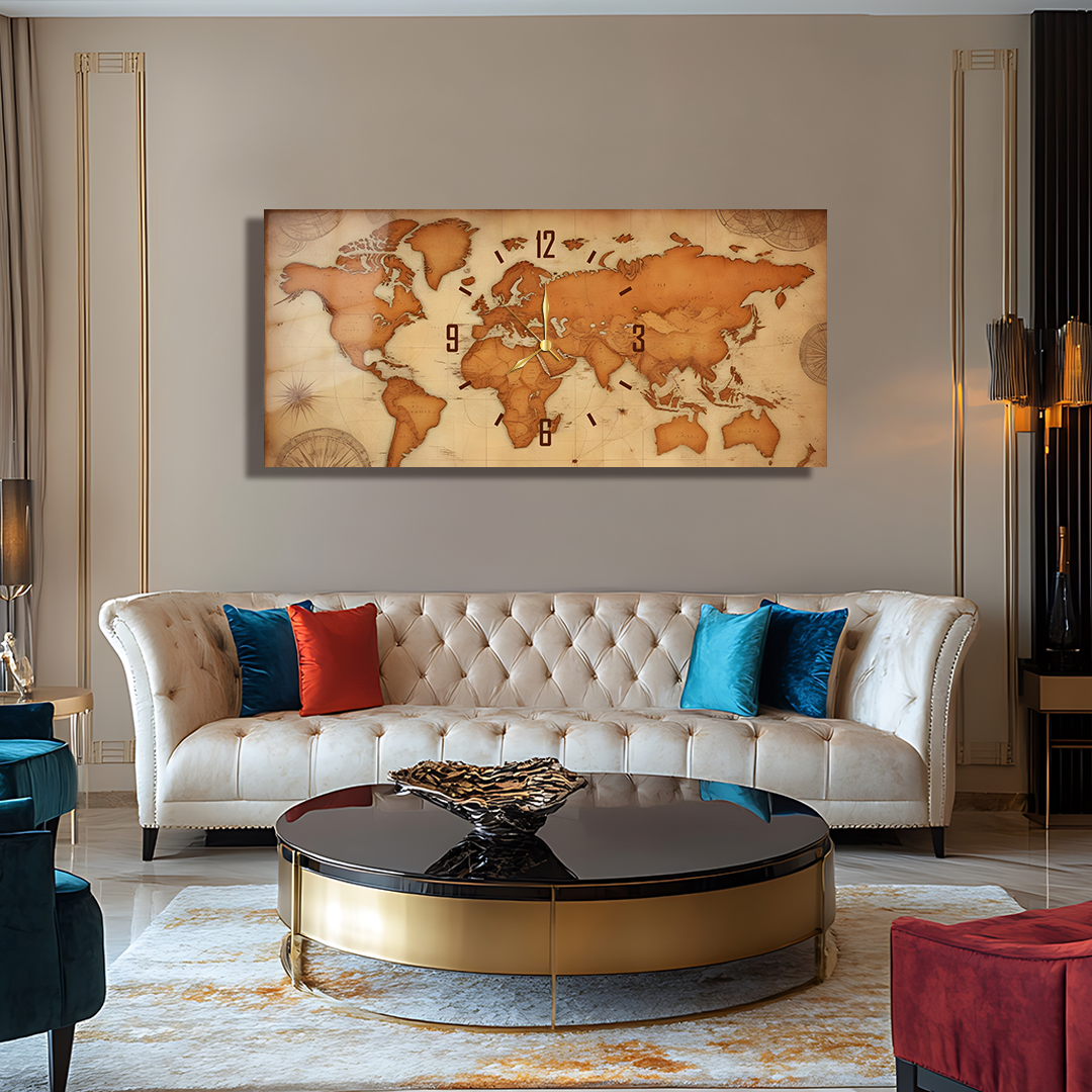 110X50 CM GÖRSEL AMAÇLI HARİTA TEMALI SAATLİ CAM TABLOLAR