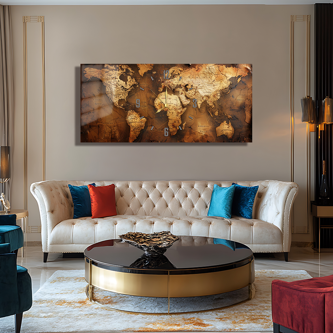 110X50 CM GÖRSEL AMAÇLI HARİTA TEMALI SAATLİ CAM TABLOLAR