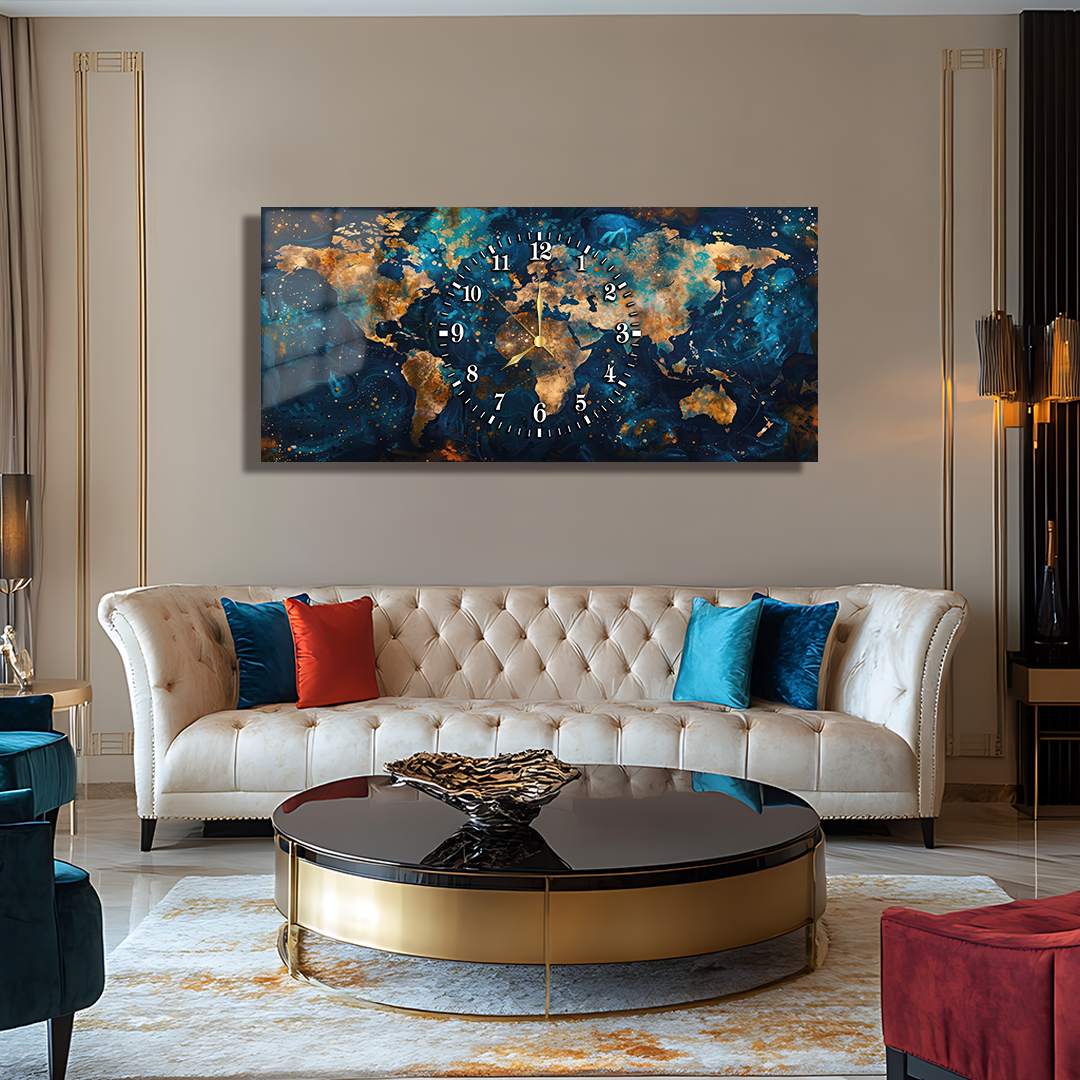 110X50 CM GÖRSEL AMAÇLI HARİTA TEMALI SAATLİ CAM TABLOLAR