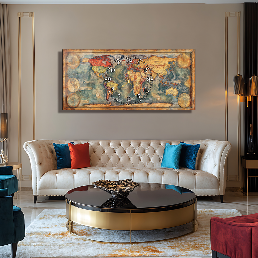 110X50 CM GÖRSEL AMAÇLI HARİTA TEMALI SAATLİ CAM TABLOLAR