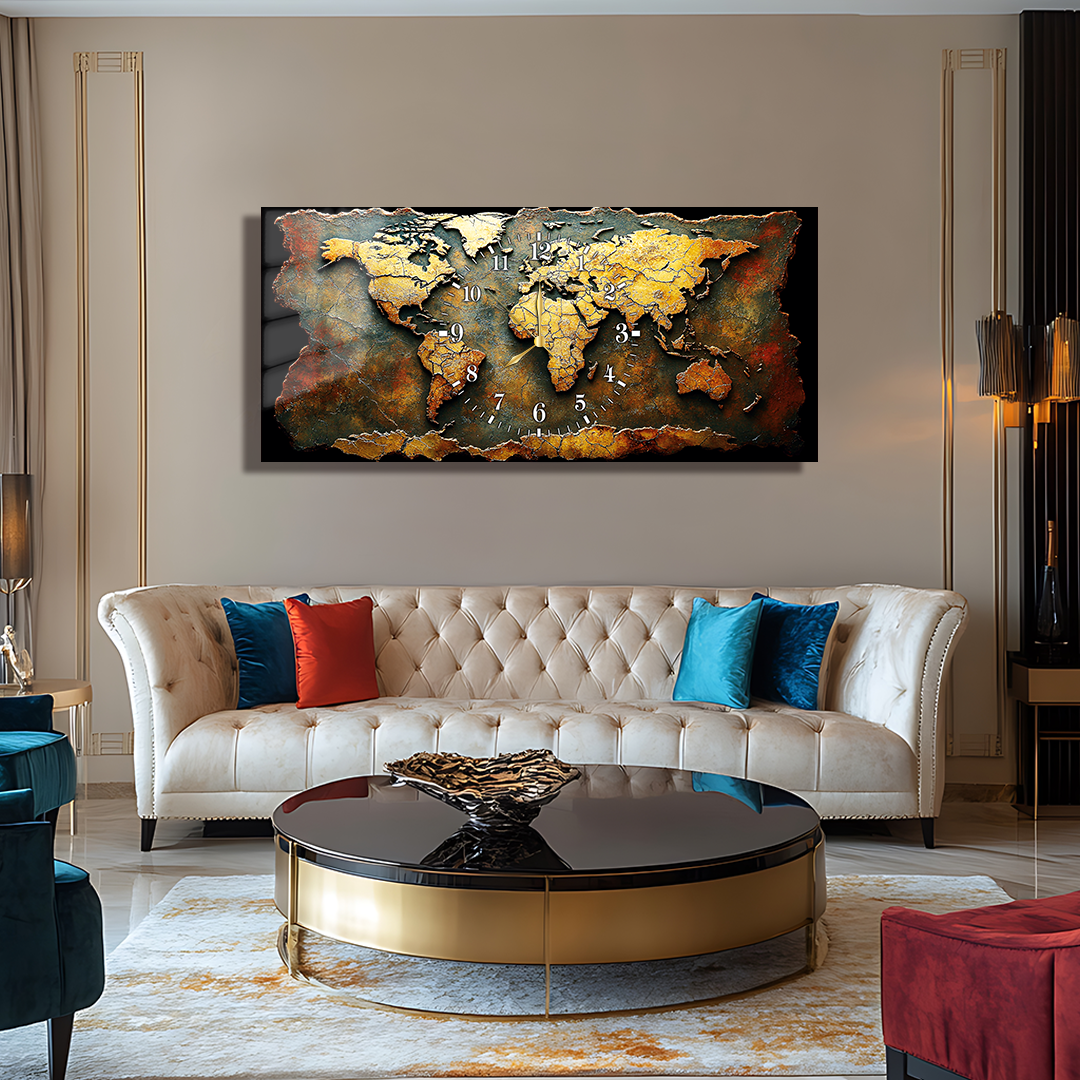 110X50 CM GÖRSEL AMAÇLI HARİTA TEMALI SAATLİ CAM TABLOLAR