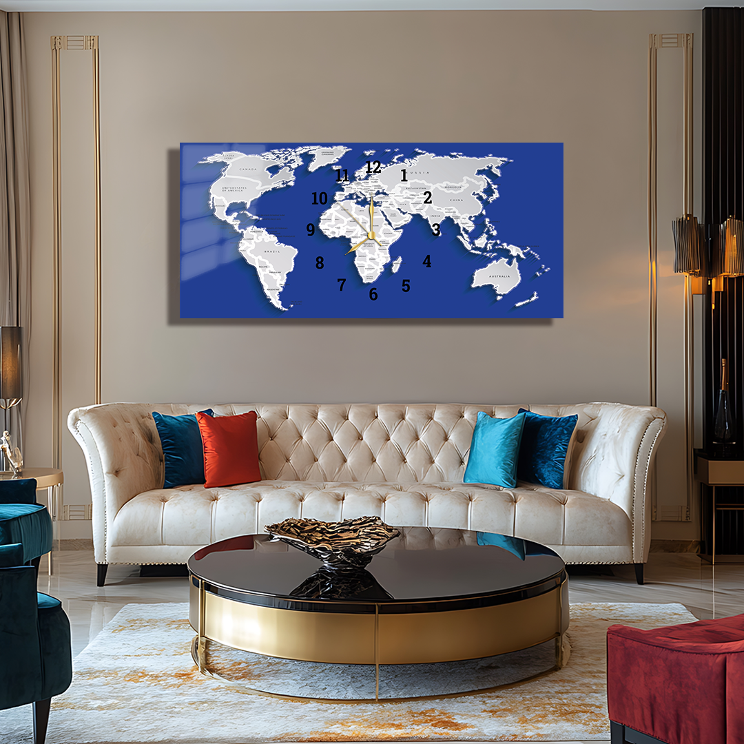 110X50 CM GÖRSEL AMAÇLI HARİTA TEMALI SAATLİ CAM TABLOLAR
