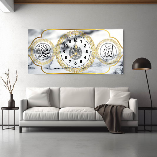 ALLAH (C.C) MUHAMMET (S.A.V) AYETEL KURSİ YAZILI SAATLİ CAM TABLO (Kopya) (Kopya) (Kopya)