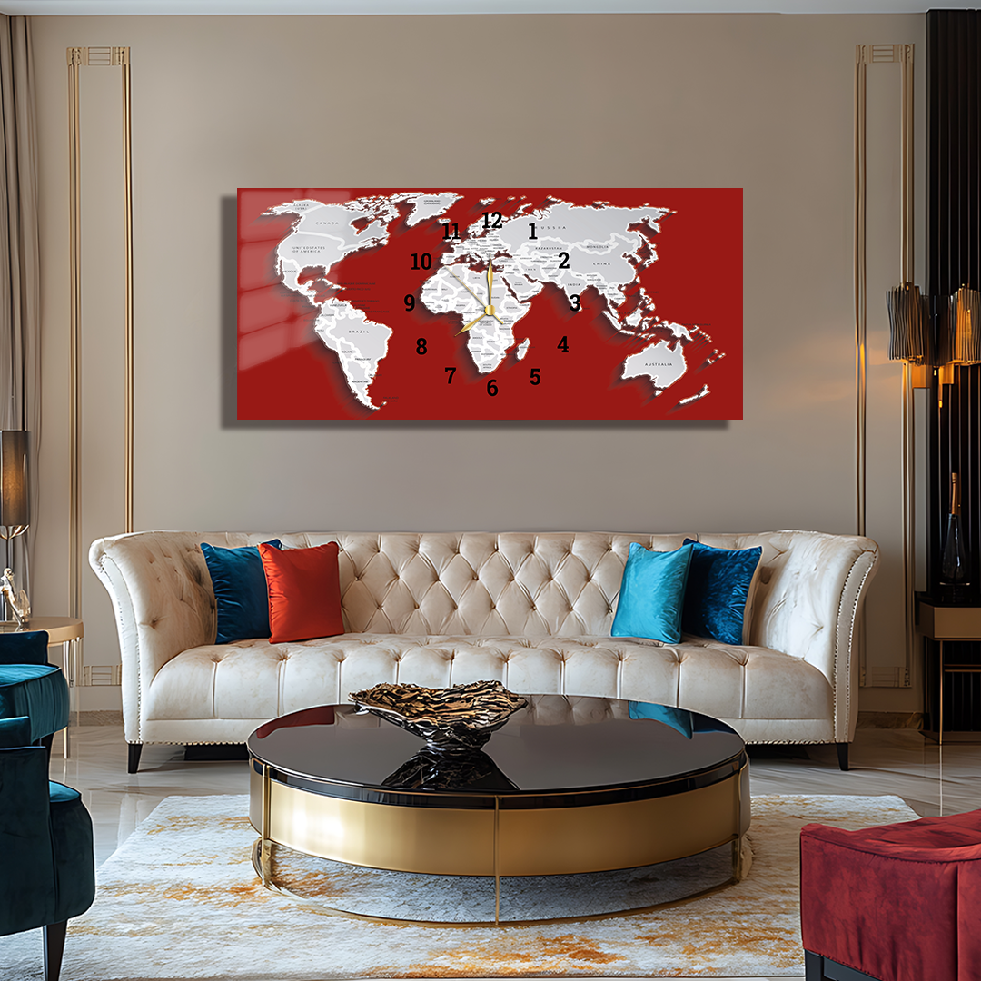 110X50 CM GÖRSEL AMAÇLI HARİTA TEMALI SAATLİ CAM TABLOLAR