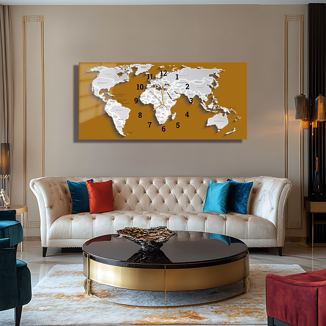 110X50 CM GÖRSEL AMAÇLI HARİTA TEMALI SAATLİ CAM TABLOLAR