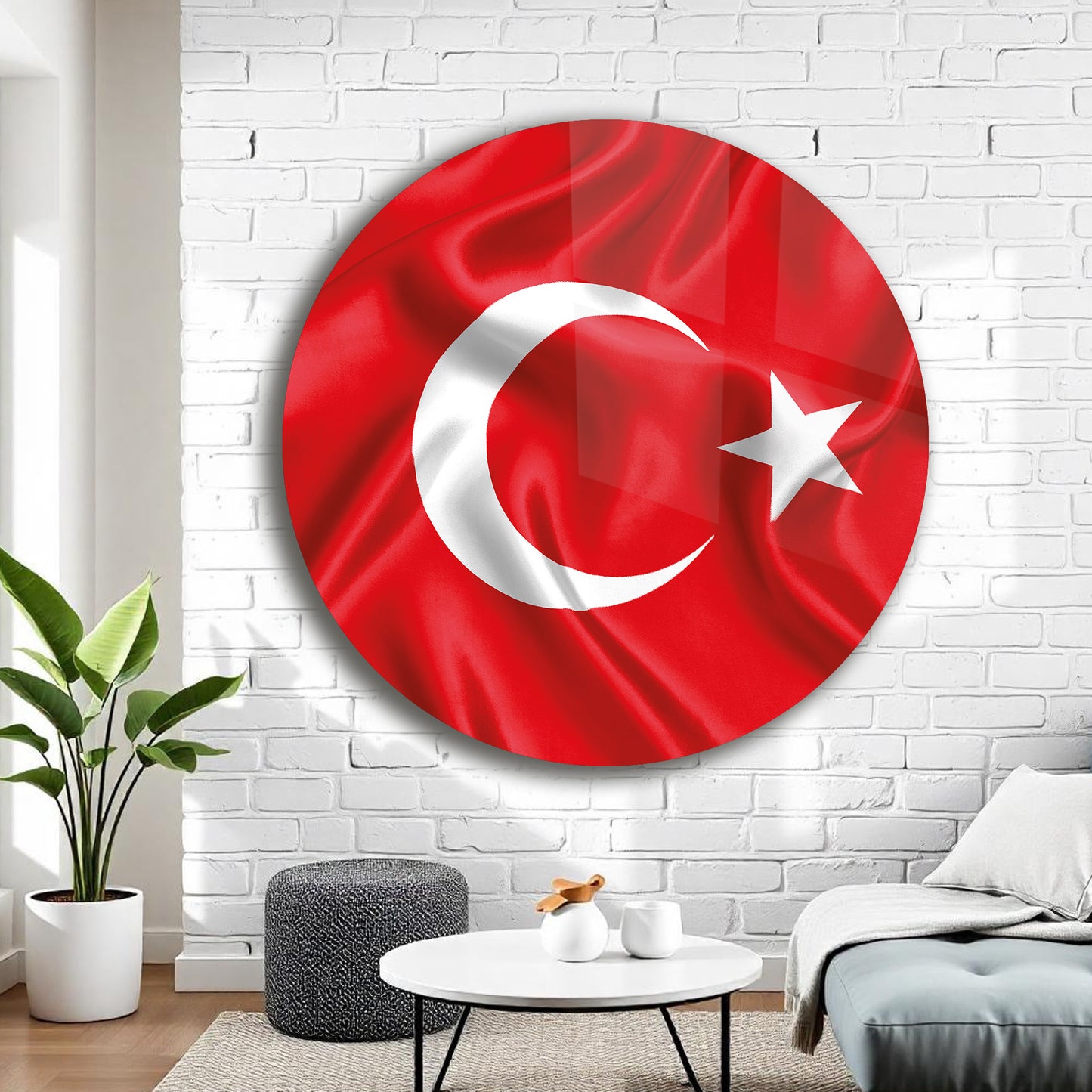 DALGALI TÜRK BAYRAĞI TEMALI YUVARLAK CAM TABLO