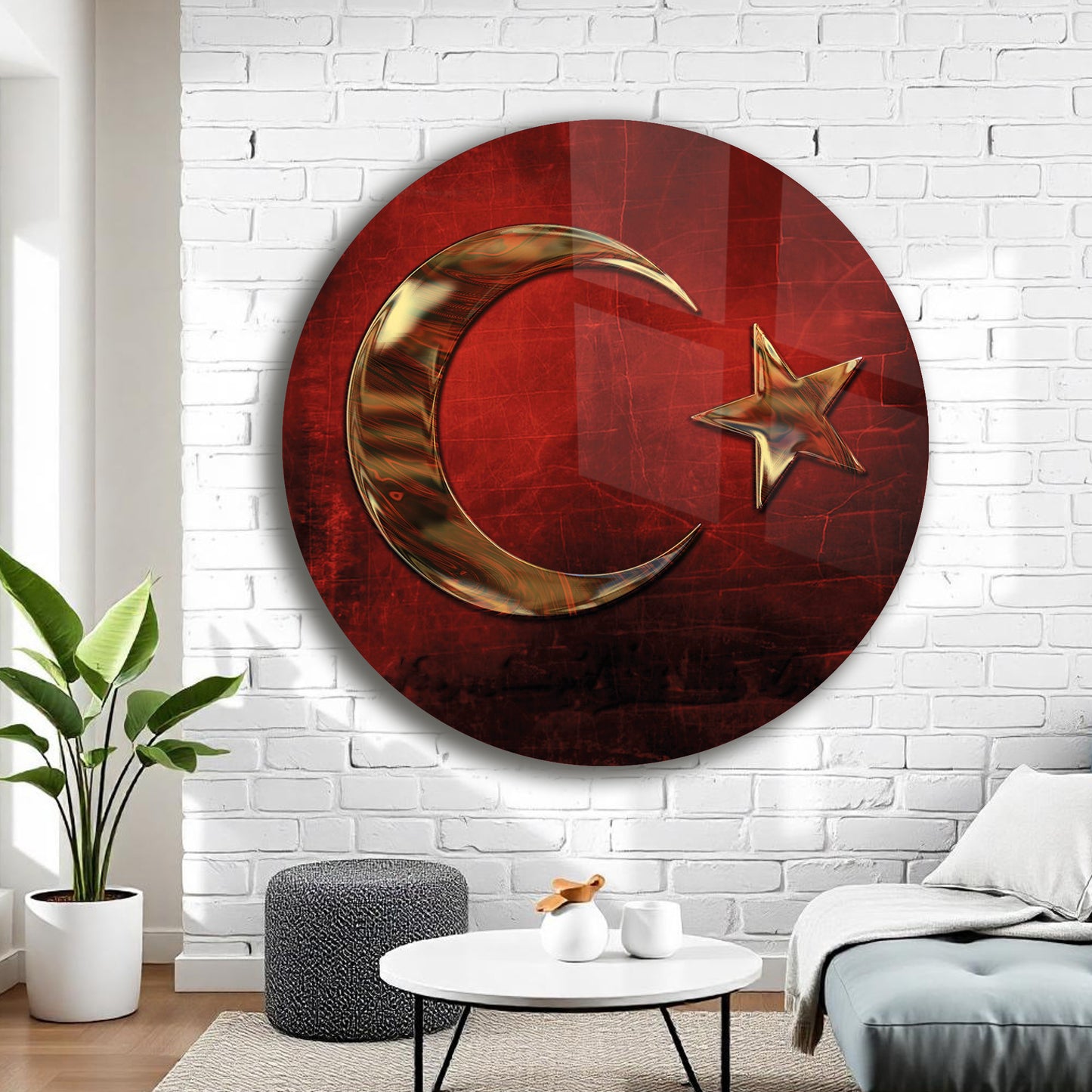 BAKIR KABARTMA DESENLİ TÜRK BAYRAĞI DESENLİ YUVARLAK CAM TABLO