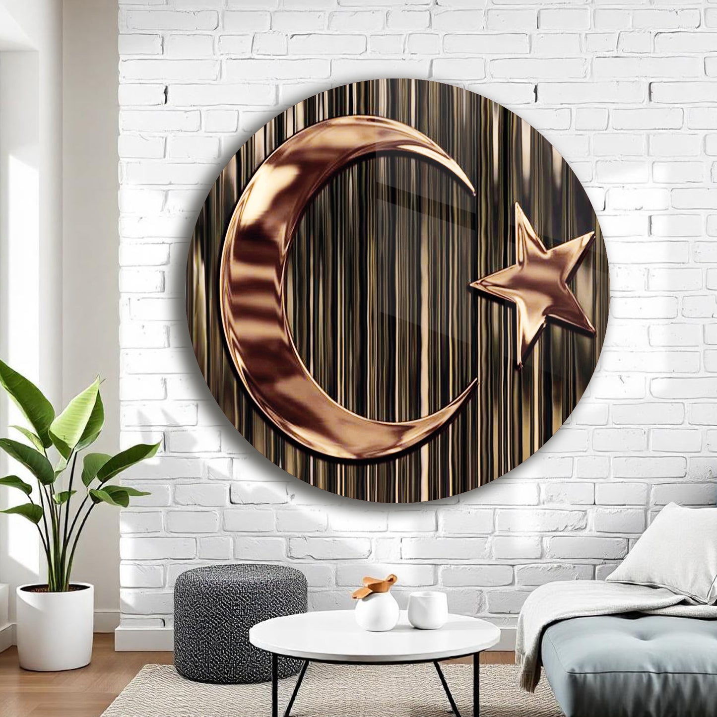 BAKIR KABARTMA DESENLİ TÜRK BAYRAĞI DESENLİ YUVARLAK CAM TABLO