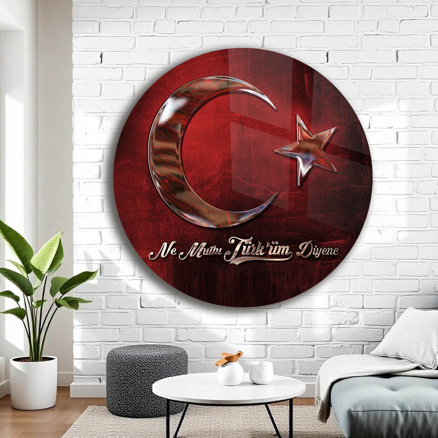 BAKIR KABARTMA DESENLİ TÜRK BAYRAĞI DESENLİ YUVARLAK CAM TABLO
