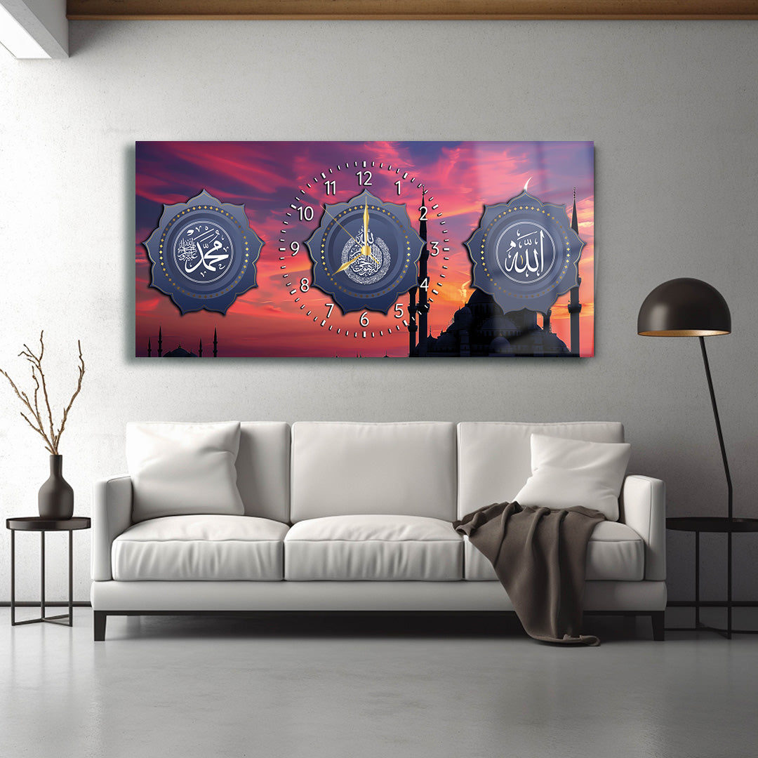 GLASS TABLE WITH CLOCK AND WRITTEN VERSE OF ALLAH (CC) AND MUHAMMAD (PBUH)