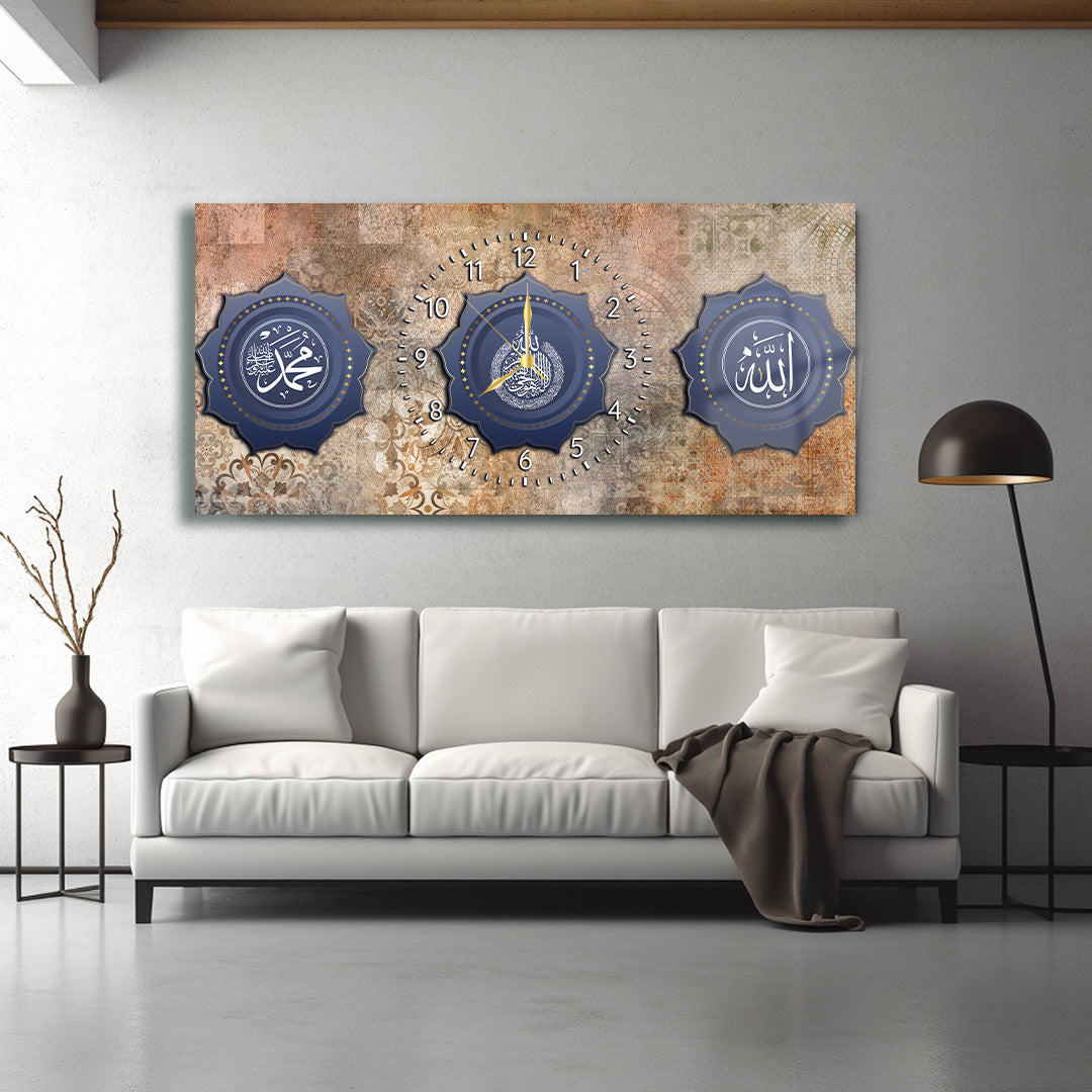 ALLAH (C.C) MUHAMMET (S.A.V) AYETEL KÜRSİ YAZILI SAATLİ CAM TABLO