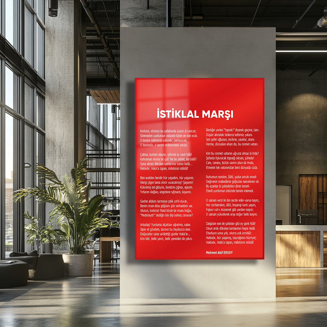GLASS TABLE WITH THE NATIONAL ANTHEM ON A RED BACKGROUND