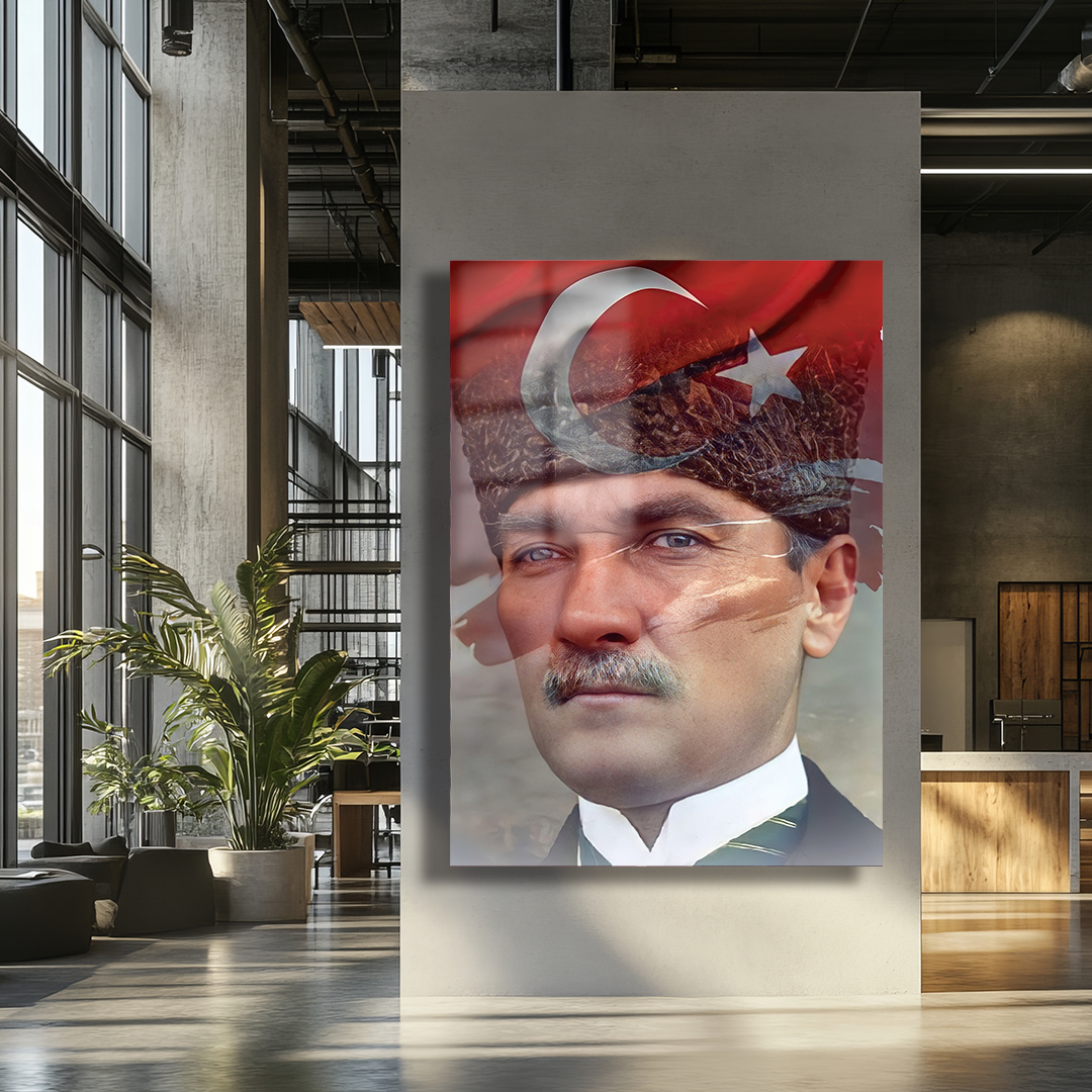 GLASS PAINTING WITH TURKISH FLAG AND MUSTAFA KEMAL ATATÜRK PICTURE