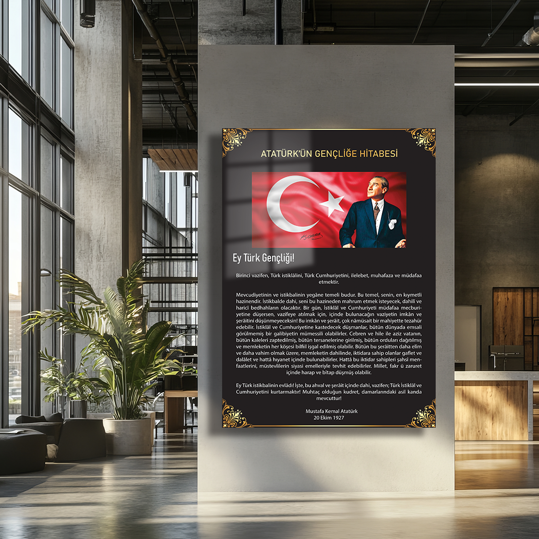 ADDRESS TO YOUTH TURKISH FLAG MUSTAFA KEMAL ATATÜRK THEMED GLASS PAINTING