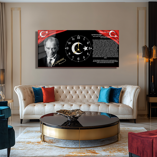 GENÇLİĞE HİTABE MUSTAFA KEMAL ATATÜRK İÇERİKLİ SAATLİ CAM TABLO