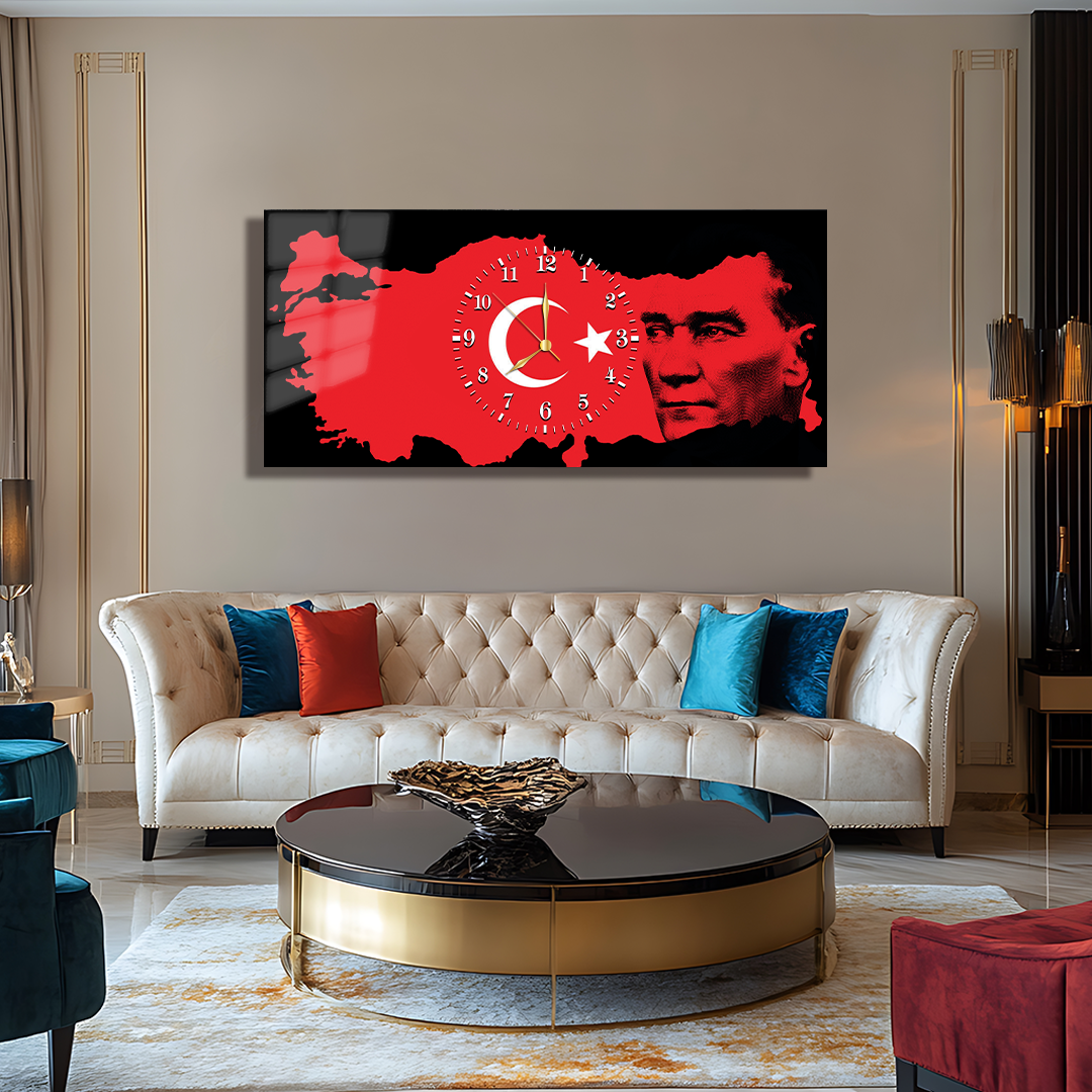 MUSTAFA KEMAL ATATÜRK TÜRK BAYRAĞI İÇERİKLİ SAATLİ CAM TABLO
