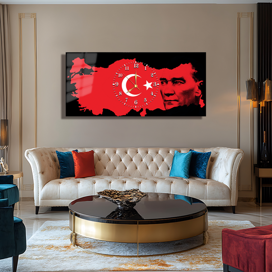 MUSTAFA KEMAL ATATÜRK TÜRK BAYRAĞI İÇERİKLİ SAATLİ CAM TABLO