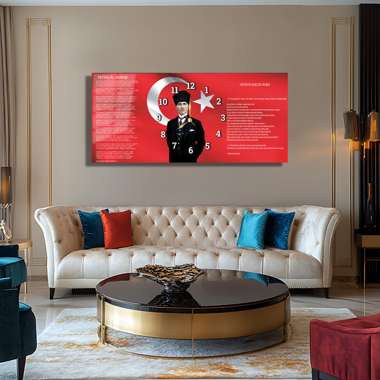İSTİKLAL MARŞI GENÇLİĞE HİTABE MUSTAFA KEMAL ATATÜRK İÇERİKLİ SAATLİ CAM TABLO