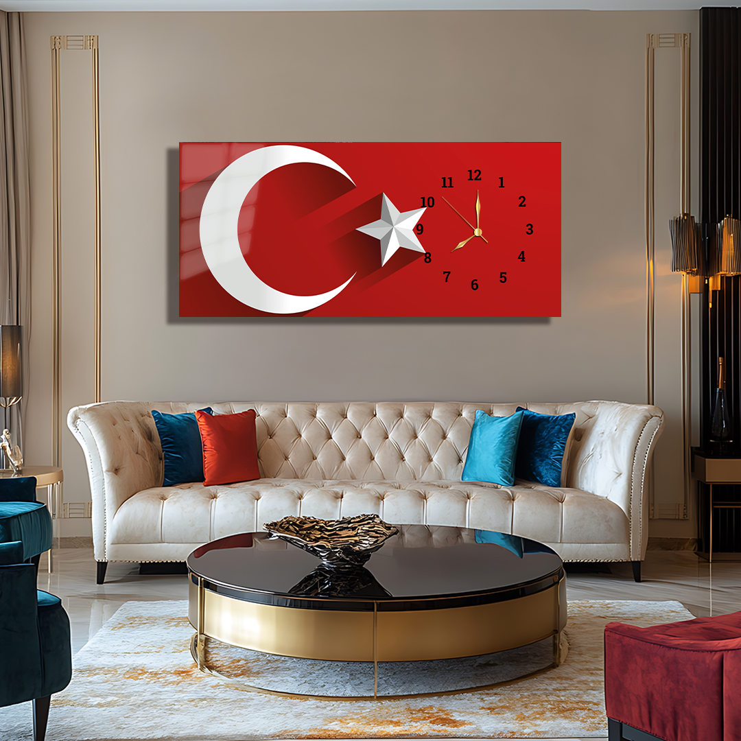 TÜRK BAYRAĞI İÇERİKLİ SAATLİ CAM TABLO
