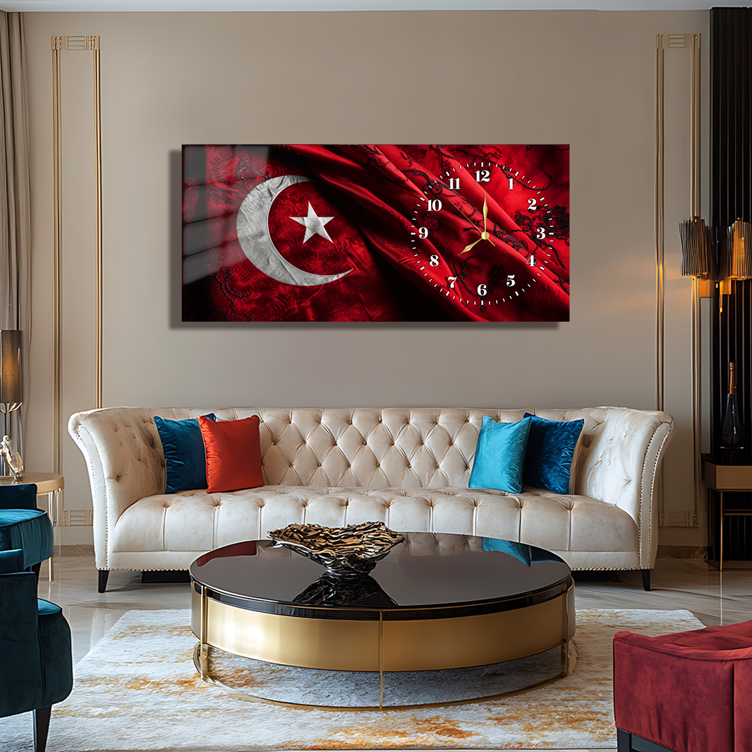 TÜRK BAYRAĞI İÇERİKLİ SAATLİ CAM TABLO (Kopya) (Kopya)