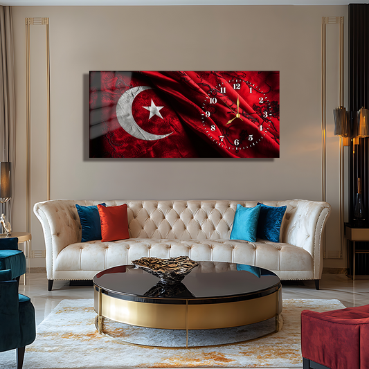 TÜRK BAYRAĞI İÇERİKLİ SAATLİ CAM TABLO (Kopya) (Kopya)