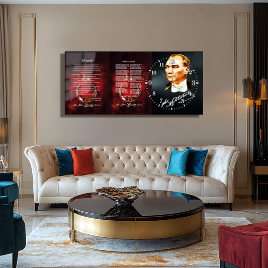 İSTİKLAL MARŞI GENÇLİĞE HİTABE MUSTAFA KEMAL ATATÜRK İÇERİKLİ SAATLİ CAM TABLO (Kopya)