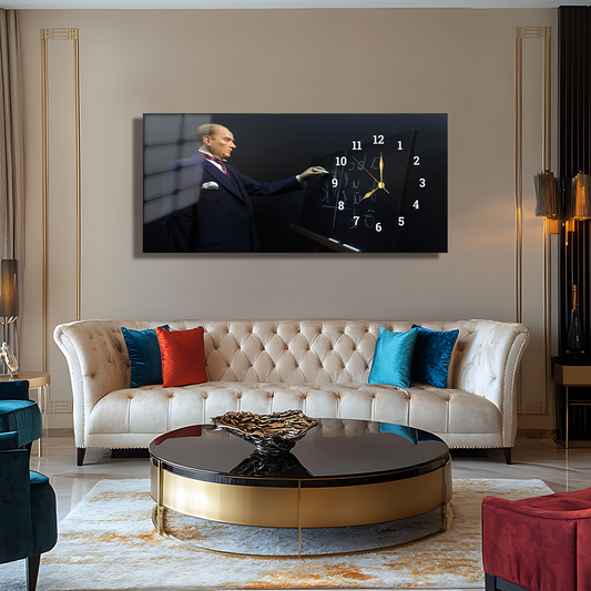 MUSATAFA KEMAL ATATÜRK HARF İNKİLABI İÇERİKLİ SAATLİ CAM TABLO