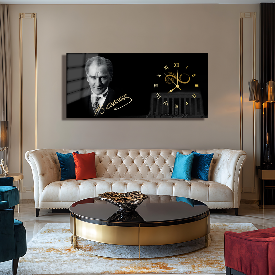 MUSATAFA KEMAL ATATÜRK İÇERİKLİ SAATLİ CAM TABLO (Kopya)