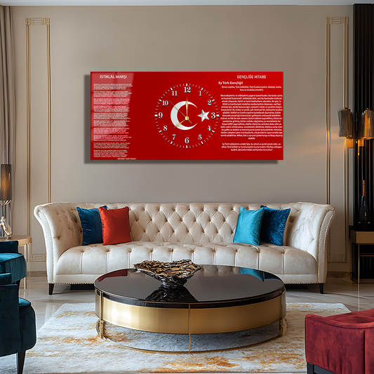 GENÇLİĞE HİTABE İSTAİKLAL MARŞI YAZILI TÜRK BAYRAĞI İÇERİKLİ SAATLİ CAM TABLO
