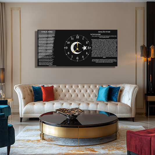İSTİKLAL MARŞI GENÇLİĞE HİTABE AYYILDIZ TEMALI SAATLİ CAM TABLO