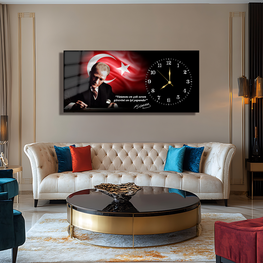MUSATAFA KEMAL ATATÜRK TÜRK BAYRAĞI İÇERİKLİ SAATLİ CAM TABLO