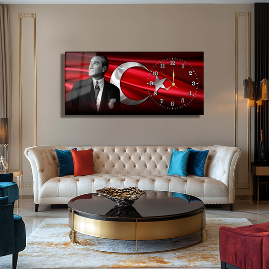 MUSATAFA KEMAL ATATÜRK TÜRK BAYRAĞI İÇERİKLİ SAATLİ CAM TABLO (Kopya)