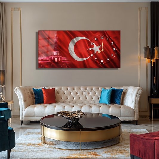 TÜRK BAYRAĞI İÇERİKLİ SAATLİ CAM TABLO (Kopya) (Kopya)