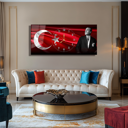 MUSATAFA KEMAL ATATÜRK TÜRK BAYRAĞI İÇERİKLİ SAATLİ CAM TABLO (Kopya)