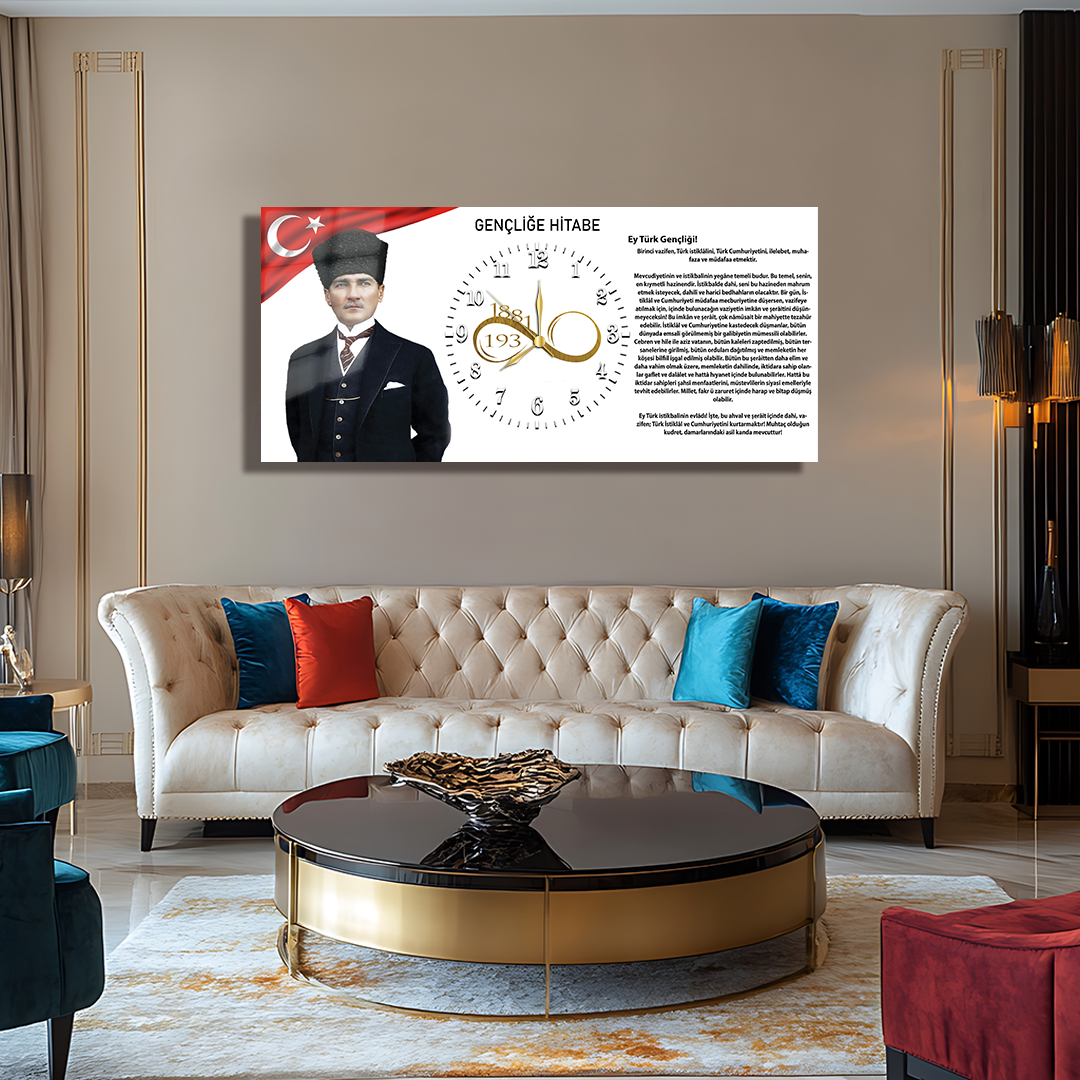 GLASS TABLE WITH CLOCK AND MUSATAFA KEMAL ATATÜRK CONTENT