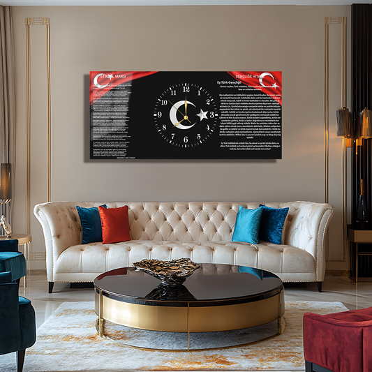 İSTİKLAL MARŞI GENÇLİĞE HİTABE AYYILDIZ TEMALI SAATLİ CAM TABLO