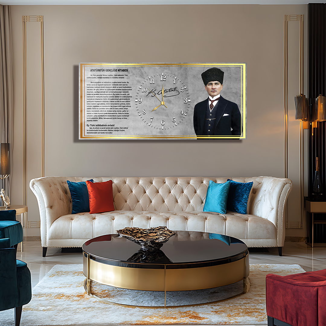 GLASS TABLE WITH CLOCK AND MUSATAFA KEMAL ATATÜRK CONTENT