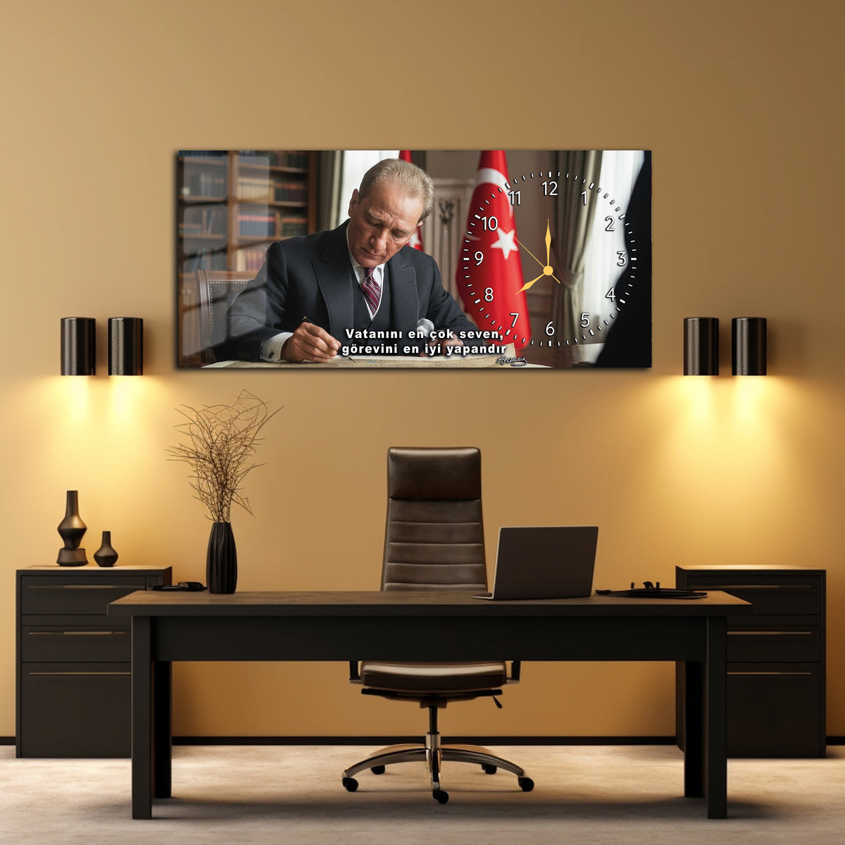 GLASS TABLE WITH CLOCK AND MUSATAFA KEMAL ATATÜRK CONTENT