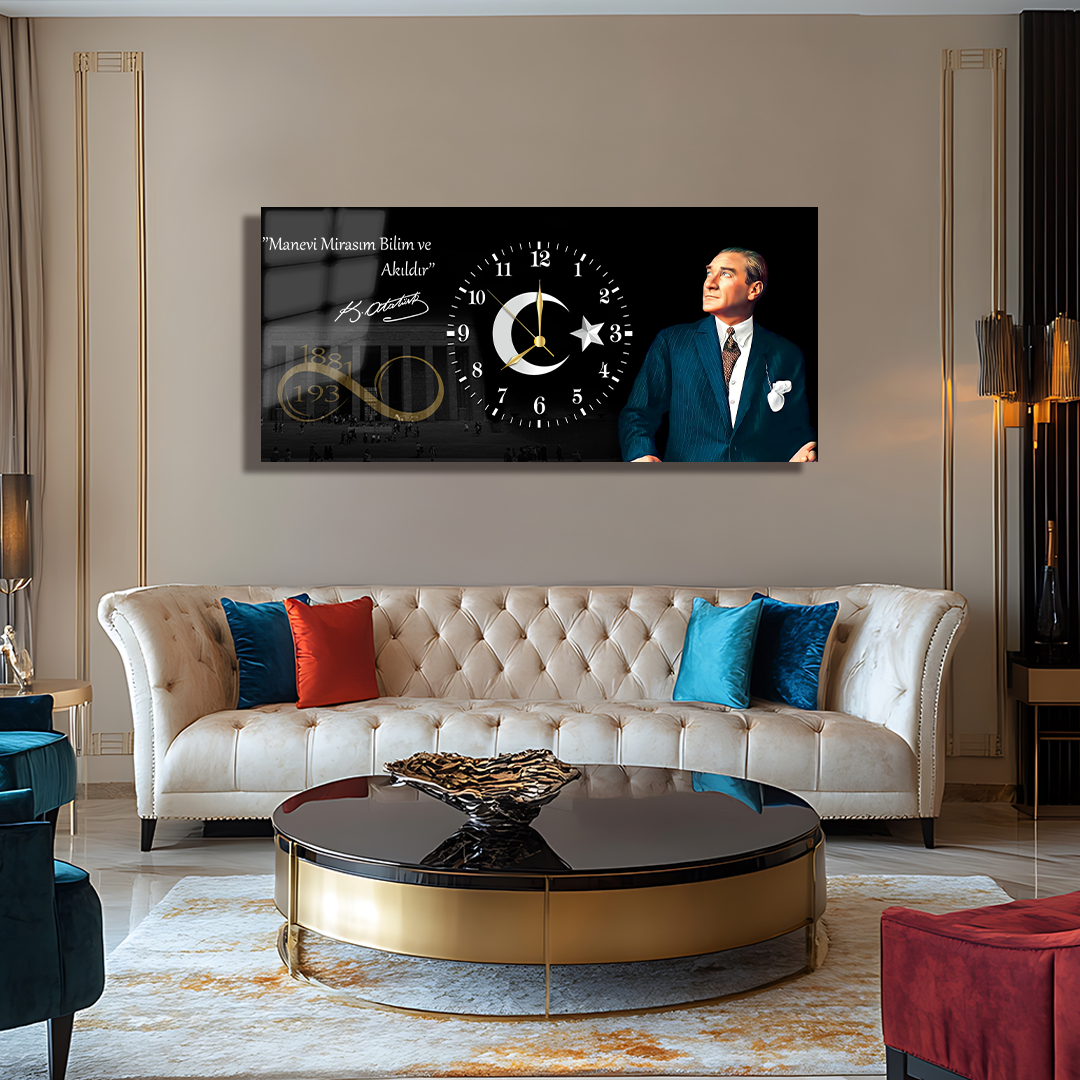 MUSATAFA KEMAL ATATÜRK İÇERİKLİ SAATLİ CAM TABLO
