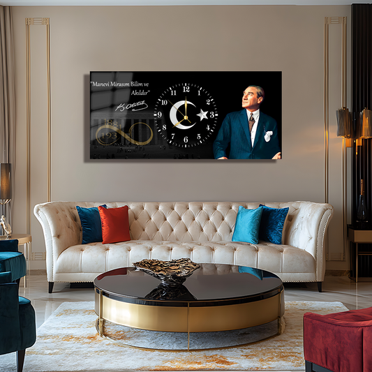 MUSATAFA KEMAL ATATÜRK İÇERİKLİ SAATLİ CAM TABLO