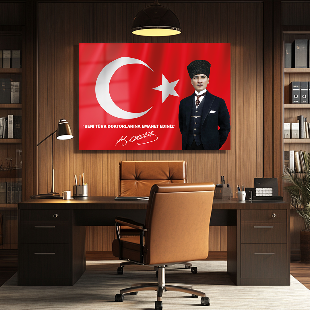 TURKISH FLAG GLASS TABLE WITH MUSTAFA KEMAL ATATÜRK'S QUOTE FOR DOCTORS